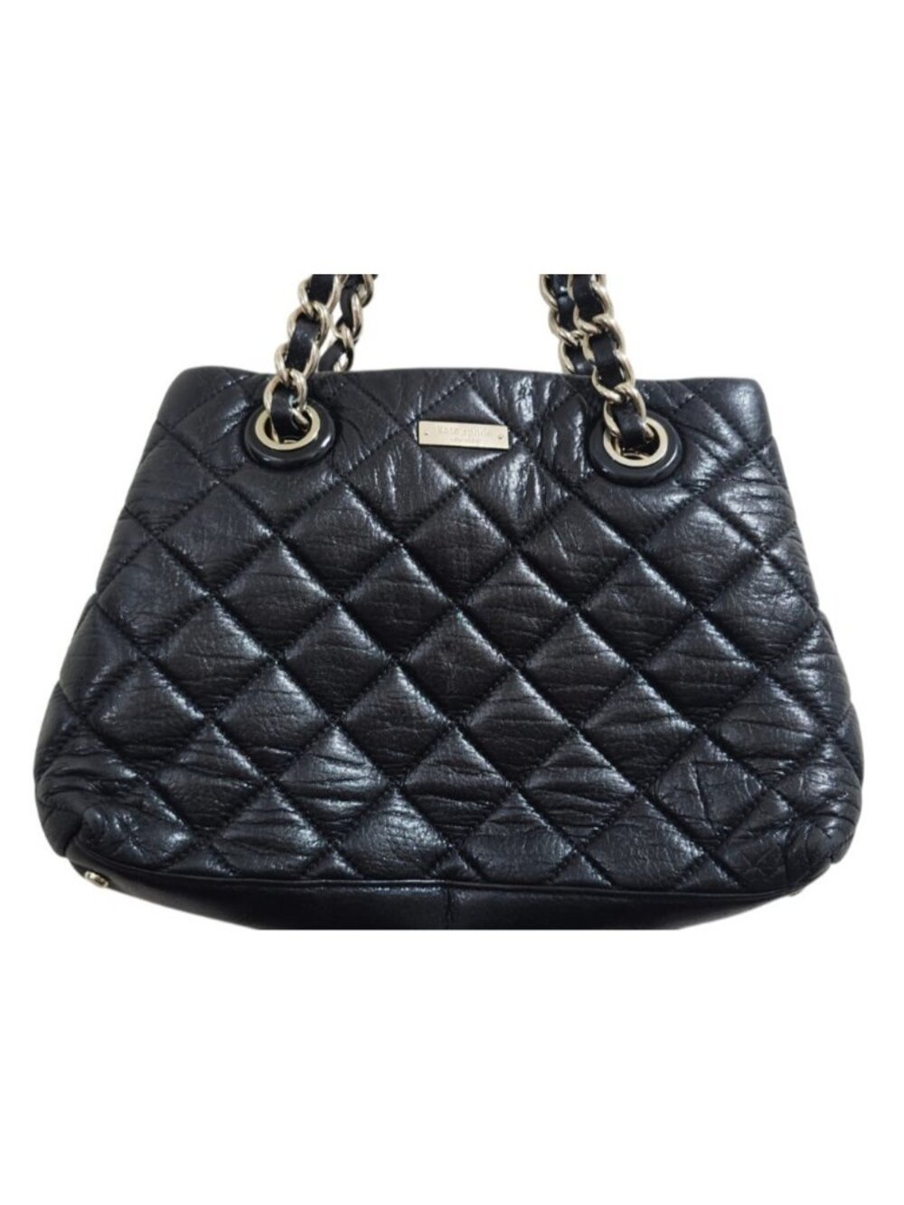 Kate Spade New York Black Quilted Leather Chain Shoulder Tote Bag Gold Tone - Picture 3 of 13